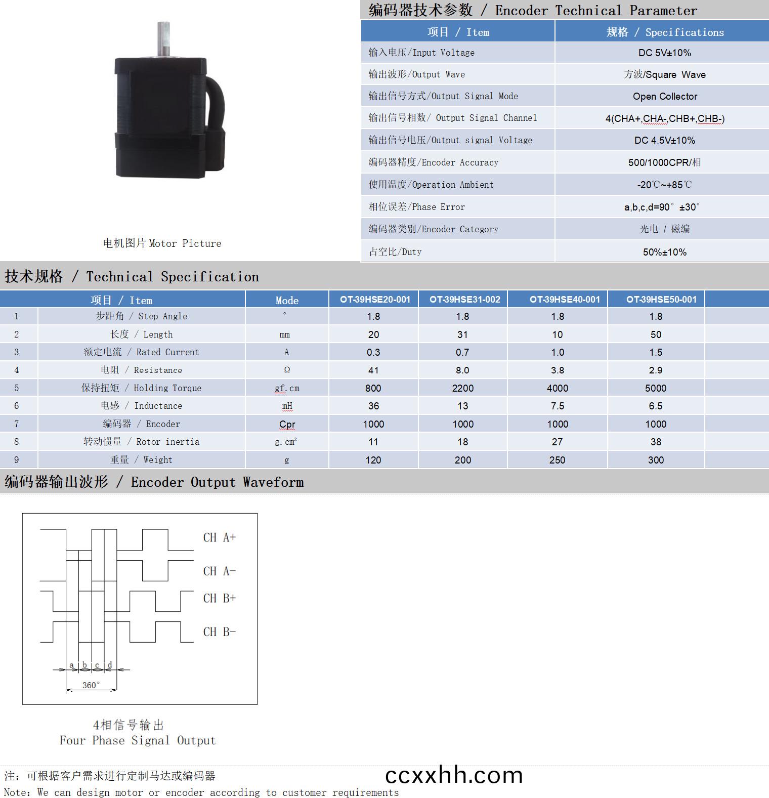 39系列1.8°两相闭环步进电机技术参数